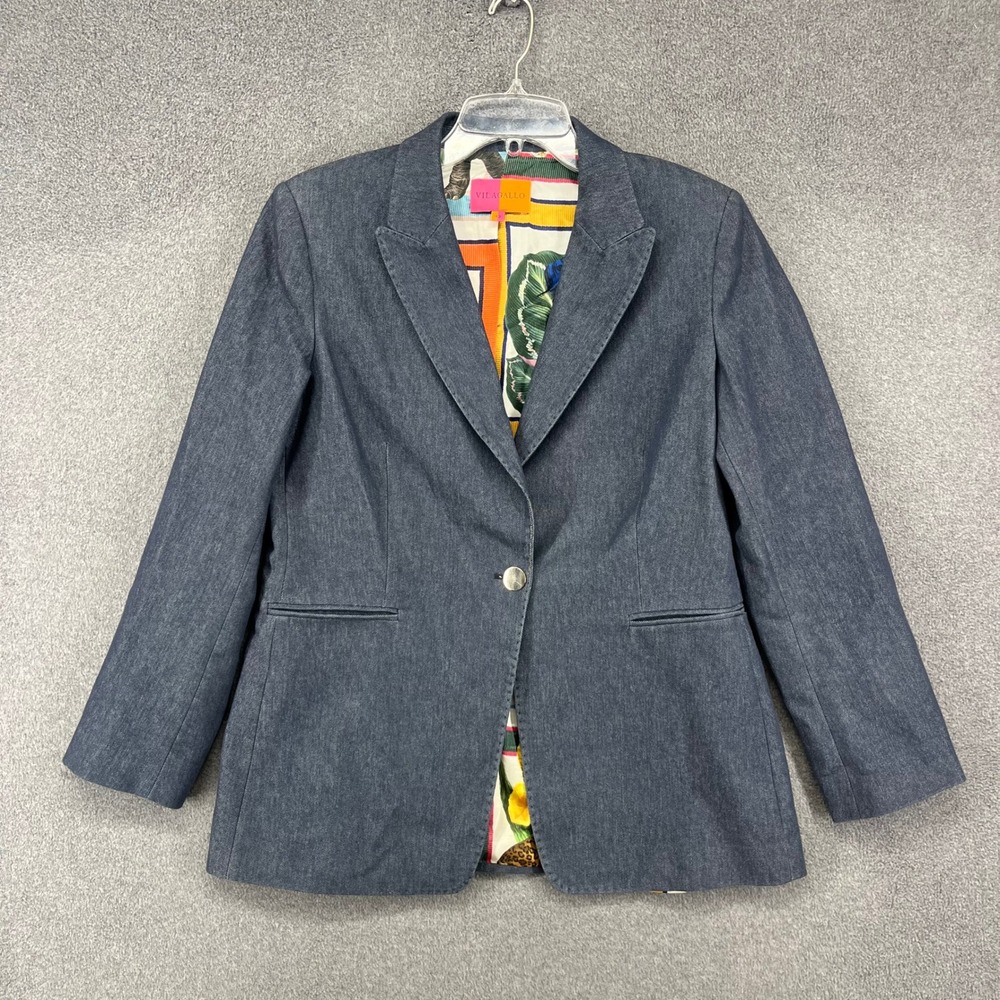 Vilagallo Denim Blazer Womens 42 Blue Safari Print Lining Gold Button Jacket